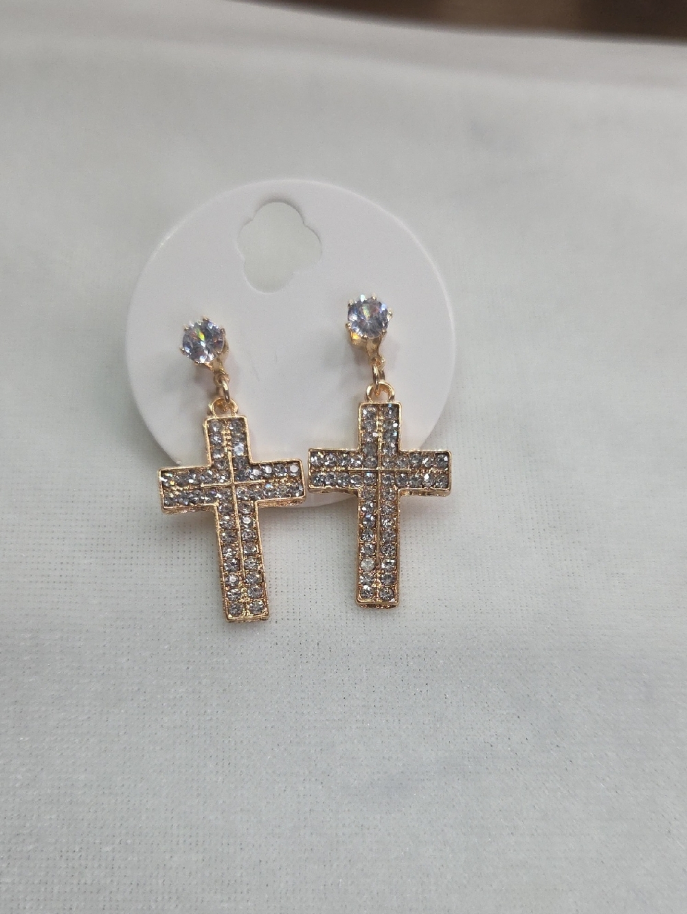 Women's Gold Tone Rhinestone Cross Earrings Dangle Fashion Trendy NWOT